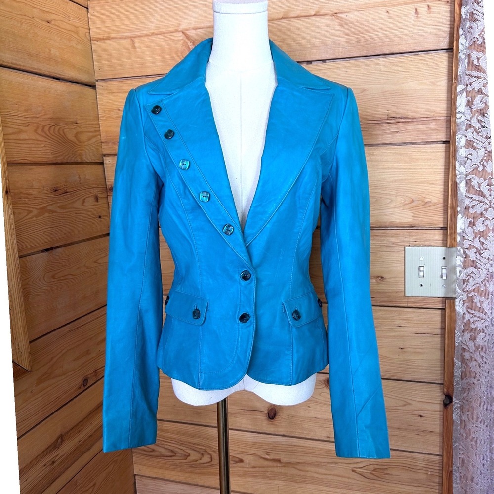 Vintage Leather Jacket Medium Turquoise Blue Asymmetric Fitted Y2K Marciano